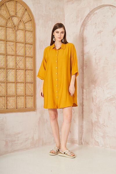 Yıldızistan Mustard Midi Linen Shirt Dress - Half Folding Sleeves, Loose3582240