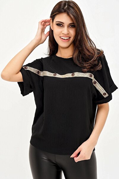 Pasaklı Giyim Жіноча чорна солом'яна стрічка з кнопками, подвійні рукави, круглий комір, короткі рукави, блуза Yb285170