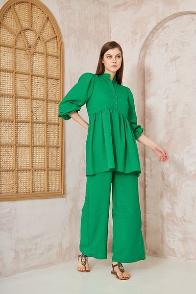 Yıldızistan Benetton Seersucker Women's Tunic and Pocket Pants Set - Balloon Sleeve and Drawstring Design3531360
