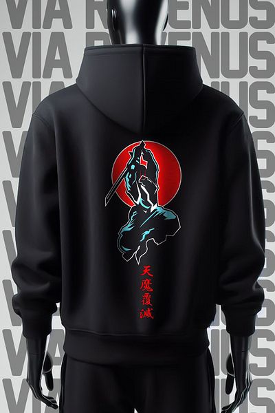 Vordevia Φούτερ Samurai Printed Black Hooded - 3 νήματα, φαρδιά εφαρμογή
