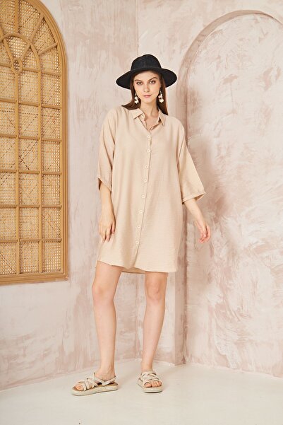 Yıldızistan Πέτρινο Μίντι Λινό Πουκάμισο Φόρεμα - Μισό Πτυσσόμενα Μανίκια, Φαρδιά 3582240