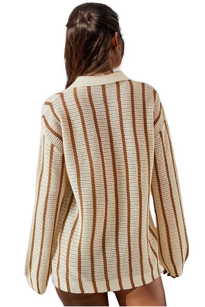Cassime Cardigan de damă cu guler cămașă cu mânecă lungă în dungi maro