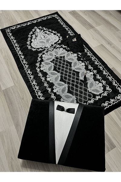 AYHANHOME 4 Piece Velvet Prayer Rug Set with Groom Motif with Storage Box Dowry Bundle Groom Bride Set