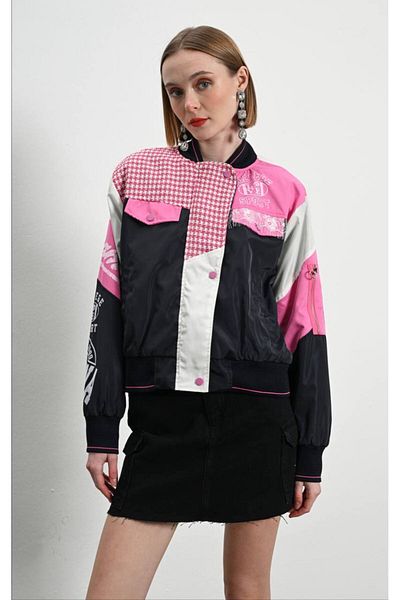 İLKCET MODA Дамско бомбър яке с цветни блокове