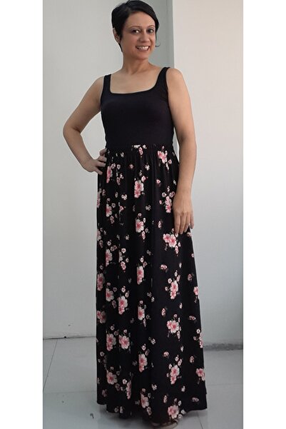 Mertcan Butik Fusta din viscoza din bumbac pieptănat 6 piese - neagră, model floral roz și talie elastică