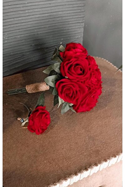 Merveparti Kırmızı rüya Gelin El Buketi ,yaka çiçeği