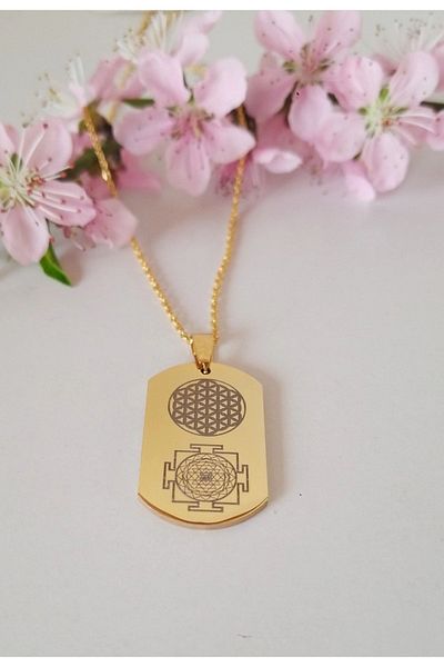 Anatolia Flower of Life and Sri Yantra Symbol - Number Sequence Steel Necklace