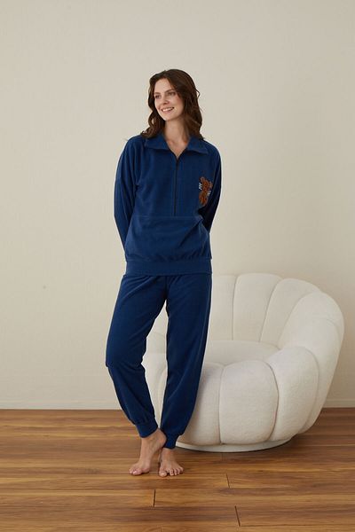 makkash Set de pijamale de damă din bumbac albastru cu model de urs - fermoar frontal, mânecă lungă