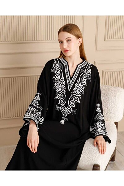 Eceyaman moda women's black sleeves and collar white embroidery detailed Batt...