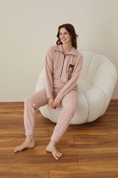makkash Lucky Patterned Powder Cotton Women's Pajamas Set - Front Zipper, Long Sleeve
