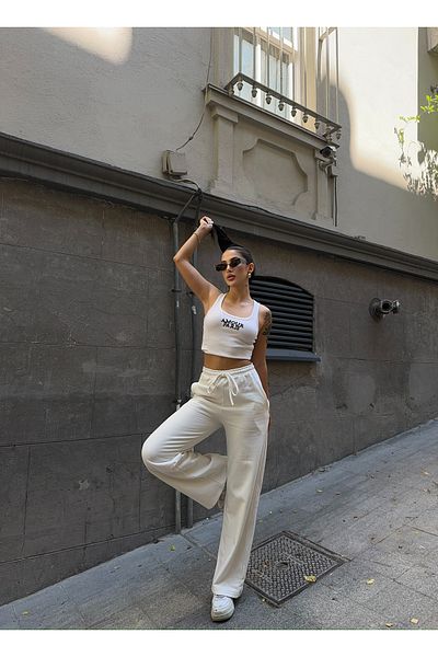 R&G RIMANERE GIOVANI Women's White Two Thread Waist Elastic Pocket Detailed Wide Leg Sweatpants