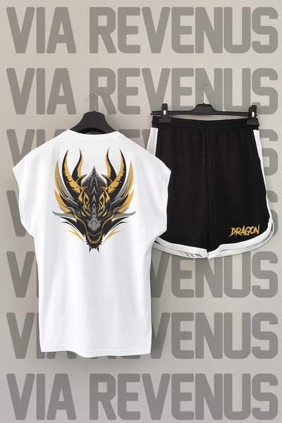 Vordevia Dragon Print White Sports T-Shirt and Black Shorts - Zero Sleeve