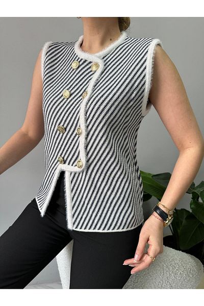 Nopen Knitwear Asymmetrical Cut and Detailed Gold Buttoned Women's Knitwear Vest Sweater