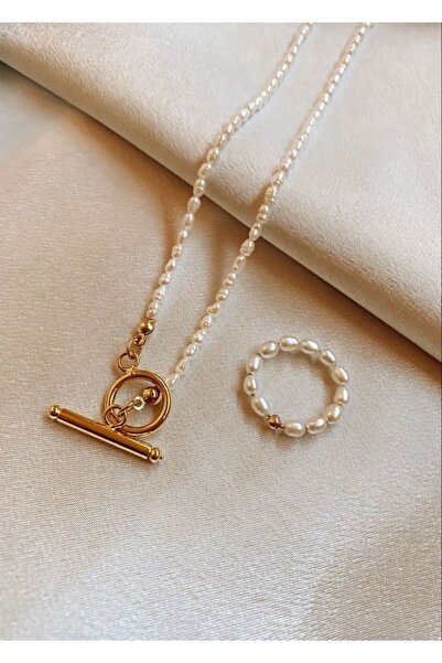babel Gerçek İnci Kadın Kolye ve Yüzük Seti