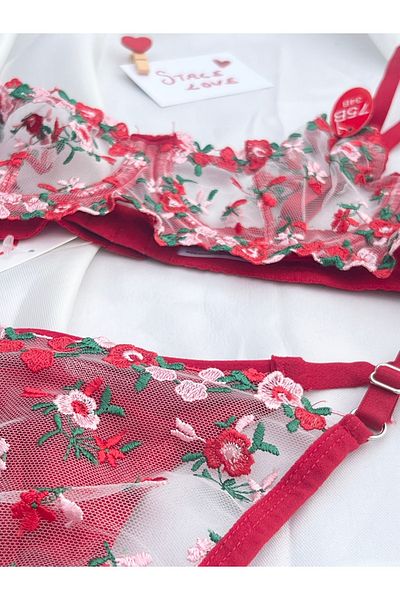 STACE FOR LOVE Red Floral Patterned Embroidery Bra Set