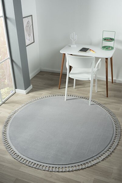 LİNOS HOME Puffy Açık Gri Yuvarlak Saçaklı Peluş Yumuşacık Yıkanabilir Kaymaz Taban Halı Salon Oturma Odası