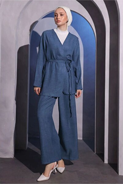 BellaLusso Çapraz Bağlamalı Pamuk Keten Kimono Takım