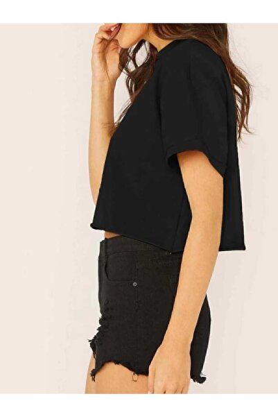 Genel Markalar Crop Bisiklet Yaka Örme T-shirt