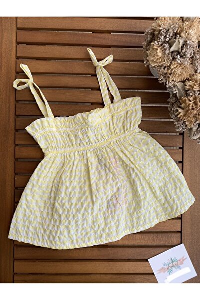 Baby Girl's Wafer Fabric Bow Strap Suit - Aden Lilac Yellow, Gingham, Wide Leg, 2-5 Years