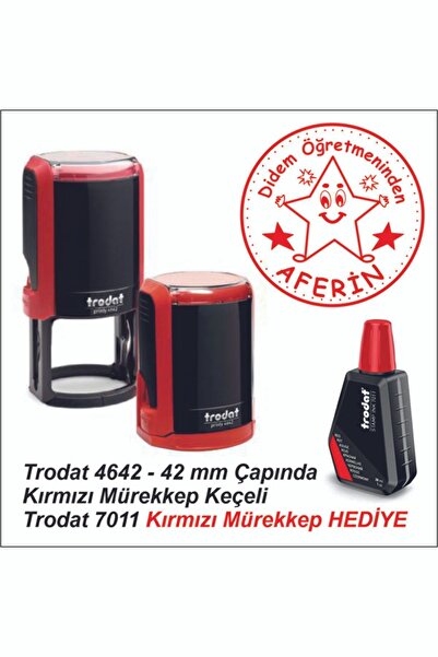 Trodat 4642 - 42 mm Yuvarlak Kırmzı Mürekkepli Öğretmen Kaşesi  Aferin Kaşesi