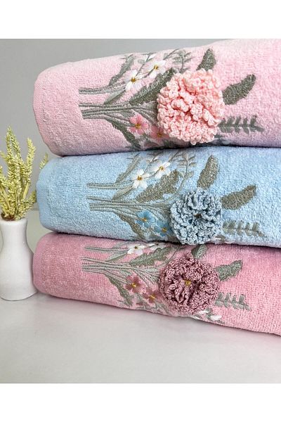 AYHANHOME 3D Flower Patterned Dowry Set 3 Pieces 50x90 Hand and Face Towel Set