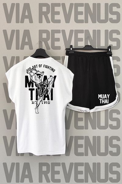 Vordevia White Muay Thai Sports T-Shirt and Black Shorts - Zero Sleeve