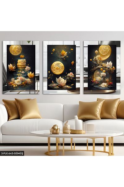 Evinemoda Design artistic abstract 3 piese de pictură din plexiglas argintiu cu ramă în oglindă