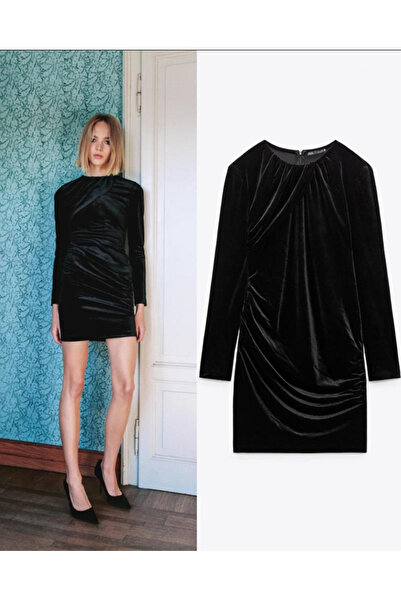 edzmoda Kadın Siyah Uzun Kollu Kadife Şık Elbise