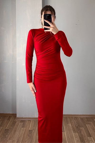 Sorridi Red Long Sleeve Maxi Dress - Kailey Draped, Crew Neck