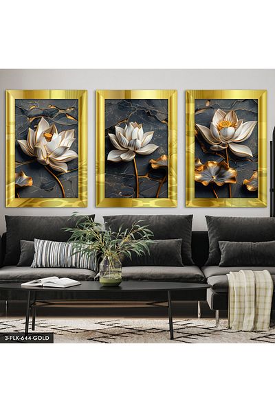 Evinemoda Pictură înrămată cu oglindă din plexiglas auriu, 3 bucăți, cu aspect floral 3D