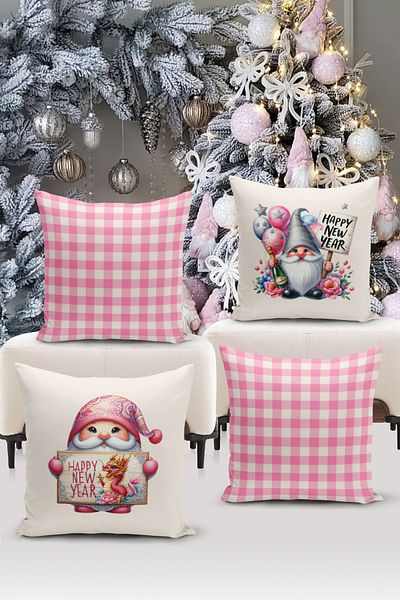 Bertille Home Πρωτοχρονιάτικη Σειρά - Σετ με 4 καλύμματα μαξιλαριού με ψηφιακή εκτύπωση διπλής όψης (Χριστουγεννιάτικο κάλυμμα μαξιλαριού)