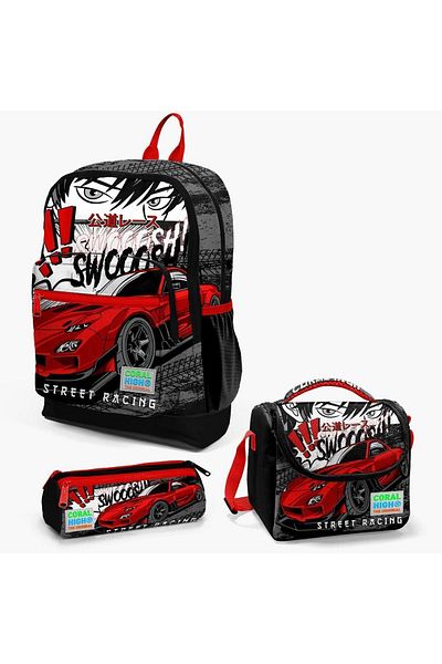 Yaygan Coral High Kids Black Red Anime Car Patterned 3-Piece School Bag Set