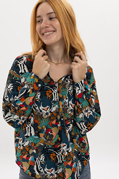 S-Ponder Tiger and Forest Patterned 100% Viscose Women's Shirt - Long Sleeve