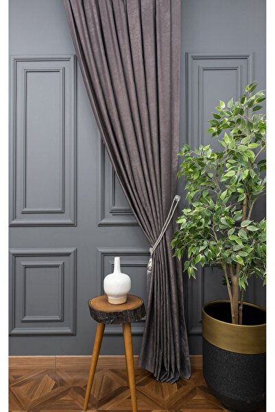 Evdepo Home Crown Dark Gray Solid Color Pleated Soft Background Curtain, 1/3 Close Pleat, Single Wing