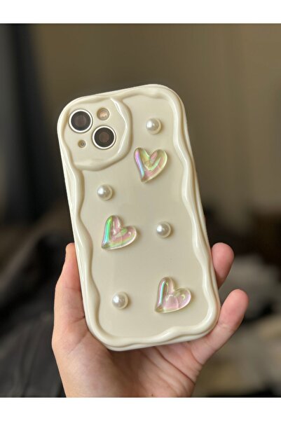 FİŞNEİLETİŞİM حافظة آيفون 14 متوافقة مع قلب ثلاثي الأبعاد ولؤلؤي بحواف مموجة ...
