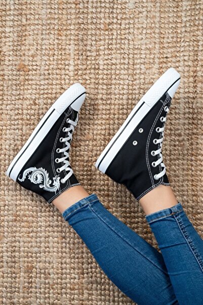 Shupe Siyah Beyaz Ejderha Baskılı Boğazlı Model Keten Sneaker