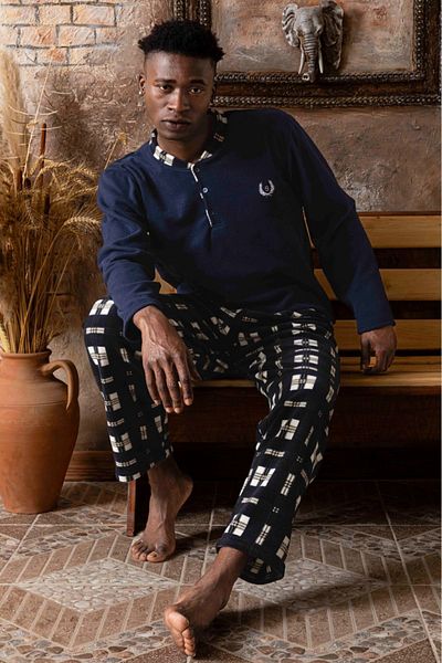 Sude HOMEWEAR Мъжки тъмносин кариран комплект пижама от полар