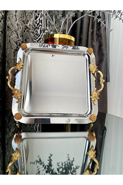 atabey home collection 22 CM Stainless Luxury 2-Piece Coffee and Tea Tray with Legs