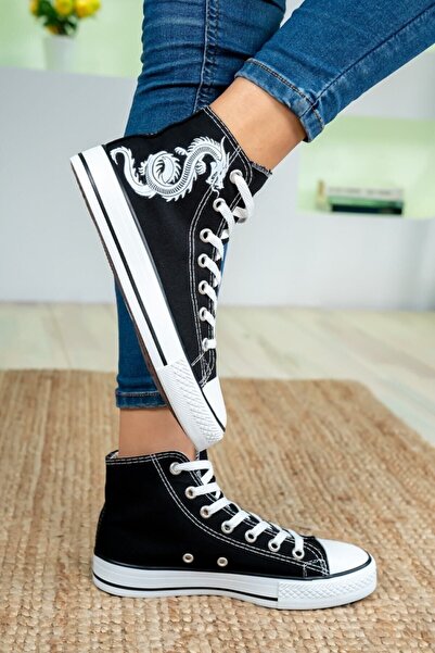 Shupe Siyah Beyaz Ejderha Baskılı Boğazlı Model Keten Sneaker