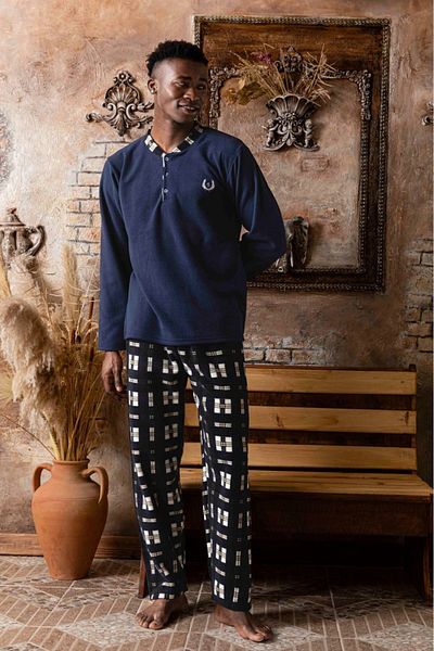 Sude HOMEWEAR Мъжки тъмносин кариран комплект пижама от полар