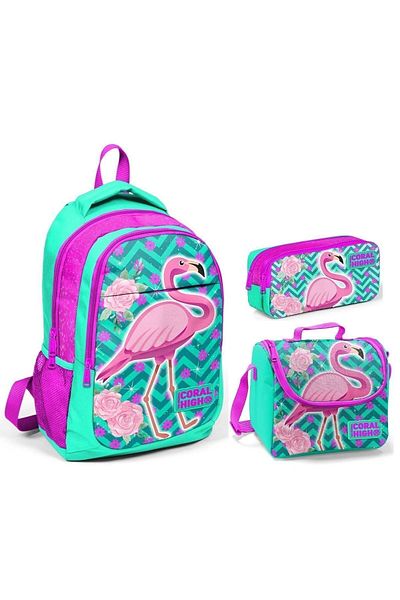 Yaygan Coral High Green Flamingo Girl's Primary School Bag Set - Backpack + Feeding + Pen Holder