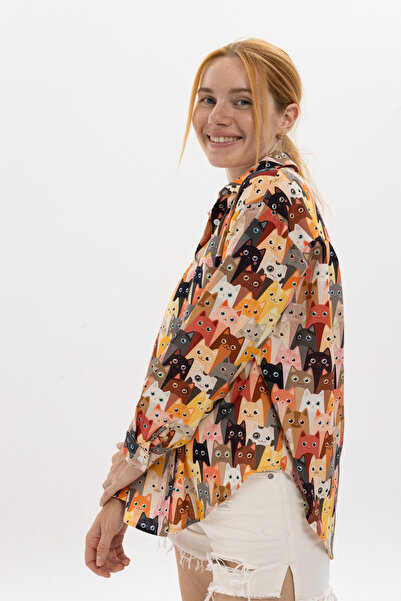 S-Ponder Cat Patterned 100% Viscose Long Sleeve Women's Shirt