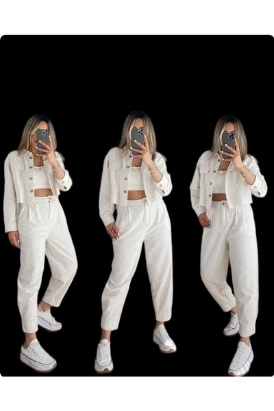 aytenli Raw Linen Set - Mini Jacket, Half Baggy with Buttons and Pockets, Trousers, Autumn