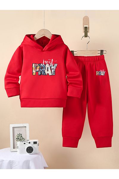 Let's Wear Комплект от компактен суитшърт и анцуг Just Pray Premium от трета прежда за момичета - 2 части спортен комплект