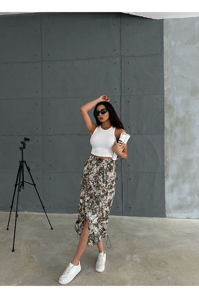 Zeo Basic Gray Camouflage Midi Skirt - Parachute Fabric, Elastic Waist and Legs, Cargo Pocket