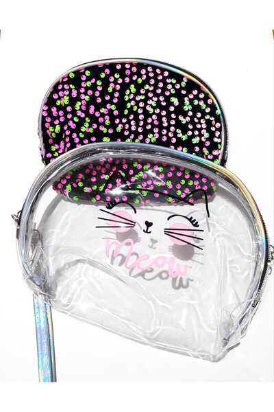 SEVRU مجموعة مكونة من قطعتين بتصميم قطة - حقيبة مكياج نسائية، مع حزام يد وسحاب