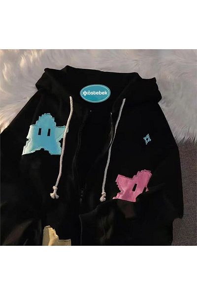 Köstebek Black Pixel Stars Zippered (UNISEX) Hooded -mingalondon