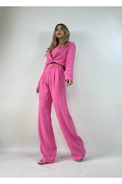 Lovinnes Pembe Yüksek Bel Pileli Palazzo Kumaş Pantolon