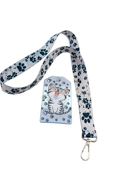 CİCCİBİCCİSHOP Gri Zeminli Siyah Patili Boyun Askı Ipi Ve Kedili Kart Tutucu