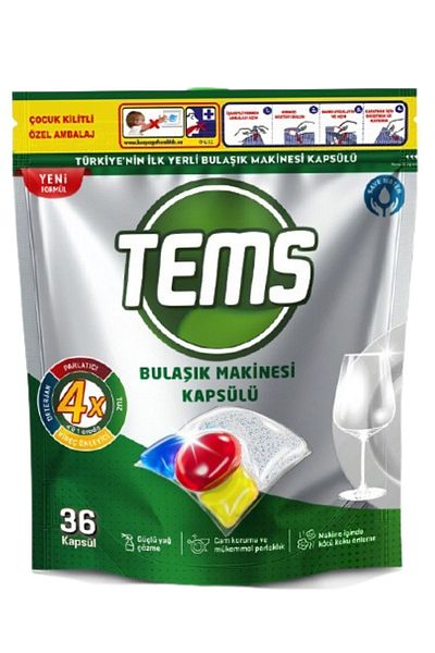 TEMS 4-Effect Dishwasher Capsule Detergent 36-Piece Domestic Product Anti Malodor Technology 100% Made in Turkey
